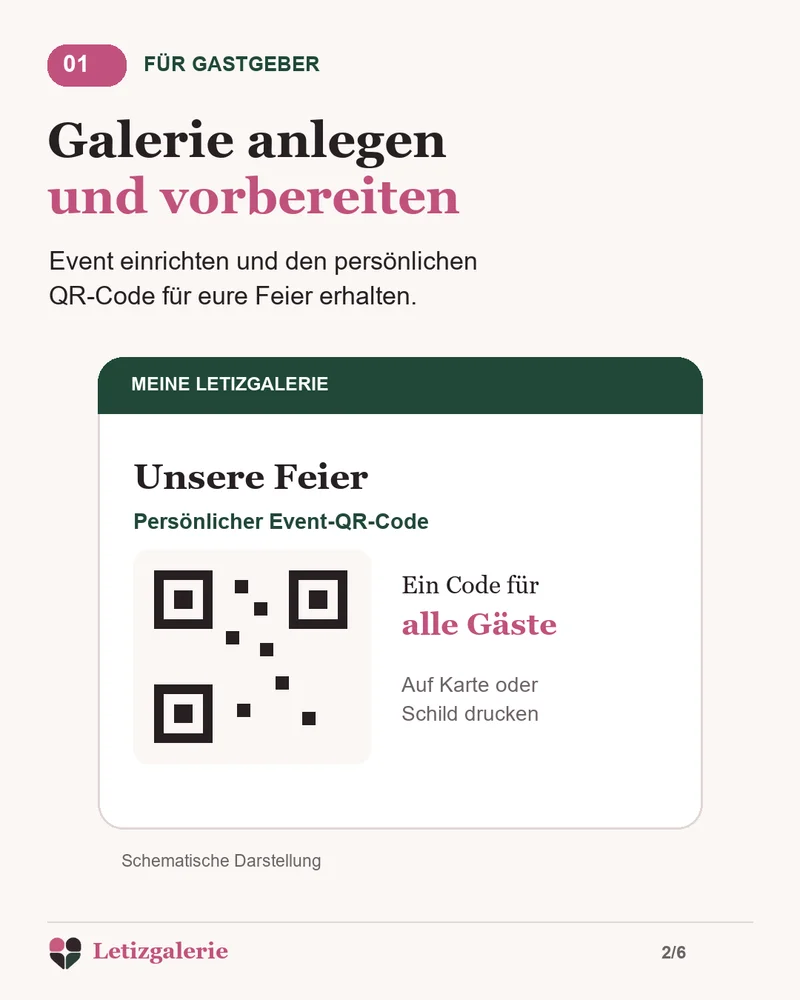 Galerie anlegen und persönlichen QR-Code für die Hochzeitsfeier vorbereiten.