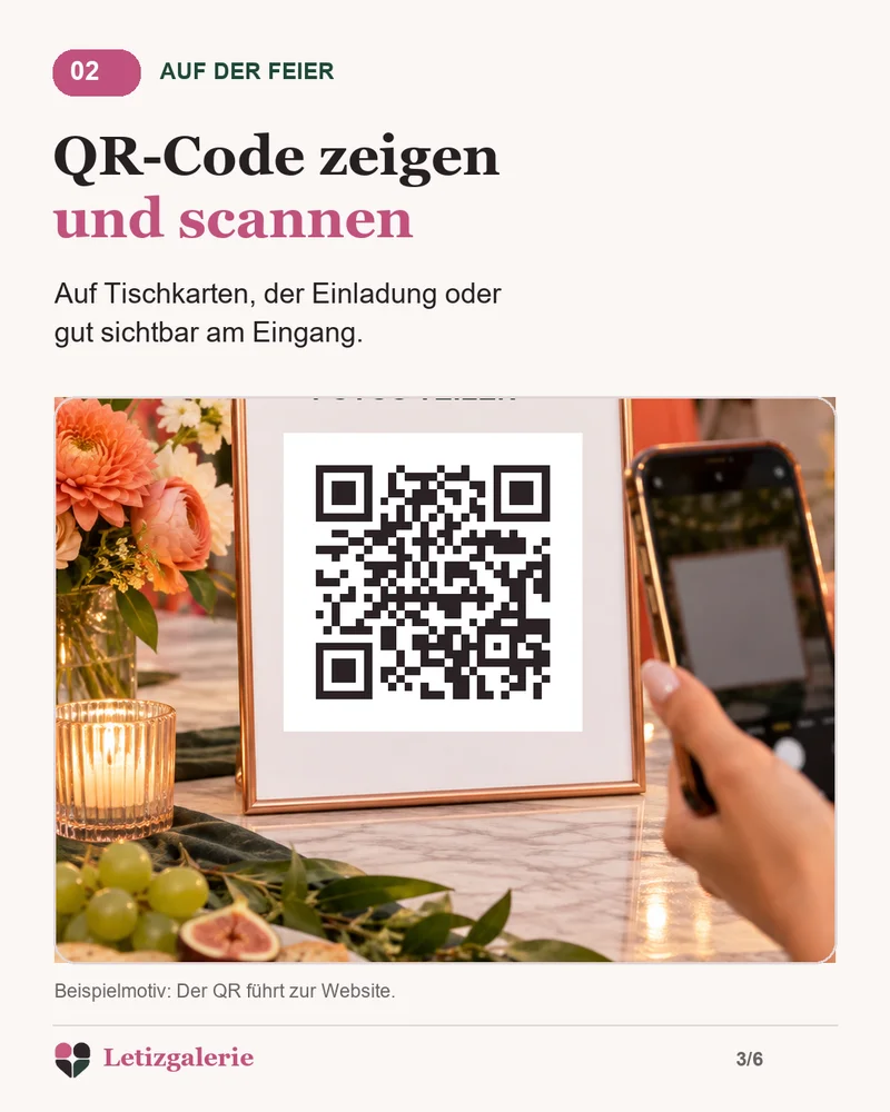 QR-Code auf der Hochzeit zeigen: Gäste scannen und öffnen die Galerie ohne App.