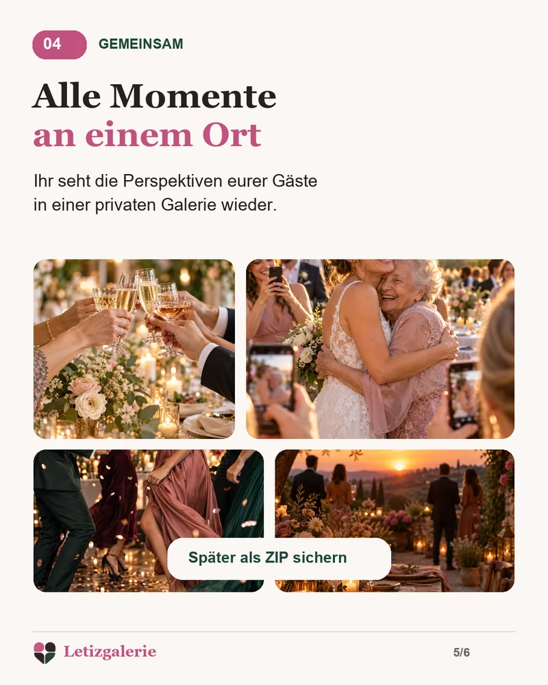 Alle Gästefotos und Videos erscheinen gesammelt in der privaten Hochzeitsgalerie.